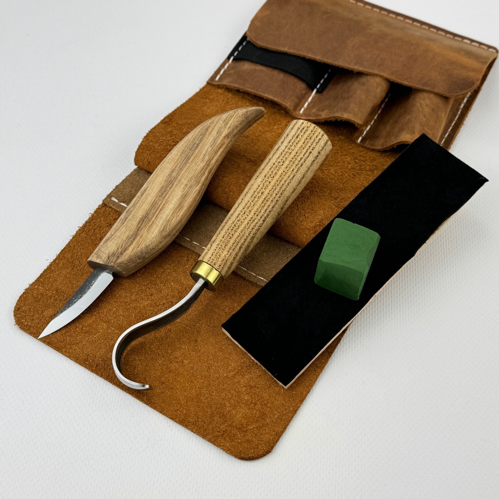 Carving Tool Set – Hand-Forged Hook and Whittling Knives, Strop & Leather Case