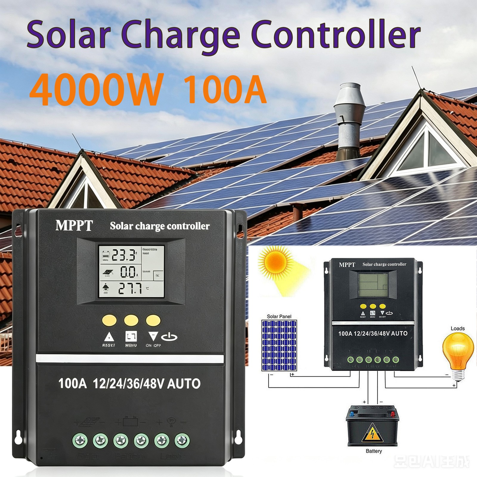 4000W 100A MPPT Solar Charge Controller 12V/24V/36V/48V Battery PV Regulator USB