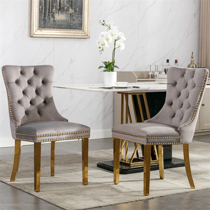 Set of 2 High-end Tufted Velvet Upholstered Dining Chairs with Golden Steel Legs