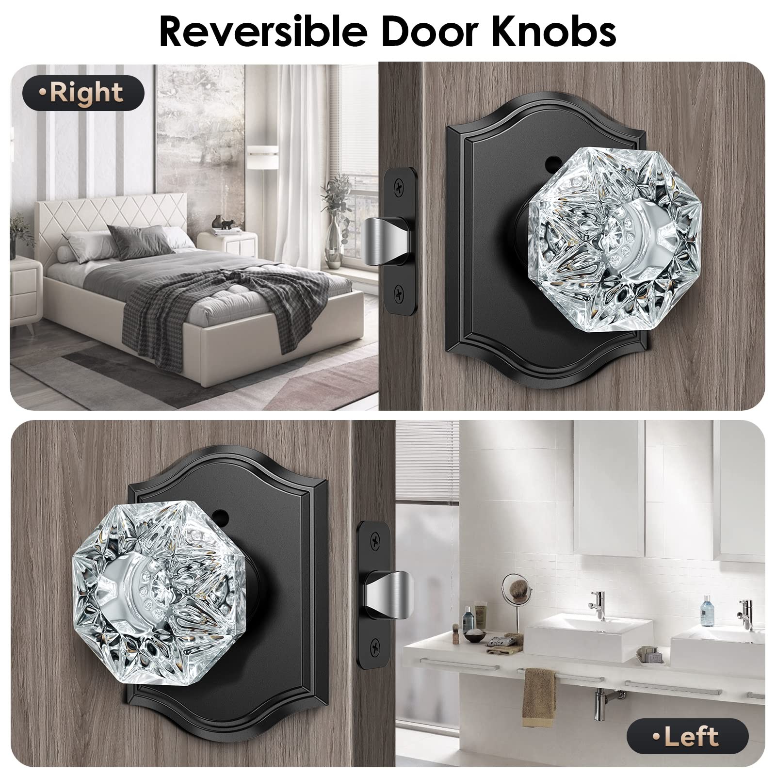 Calzibeno Crystal Door Knobs, Black Glass Knob Diamond-Privacy,
