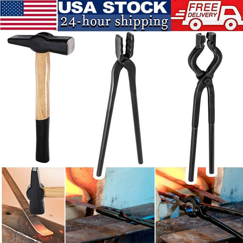 3x Beginner Knife Making Blacksmith Tongs Hammer Set Bladesmith Anvil Vise Forge