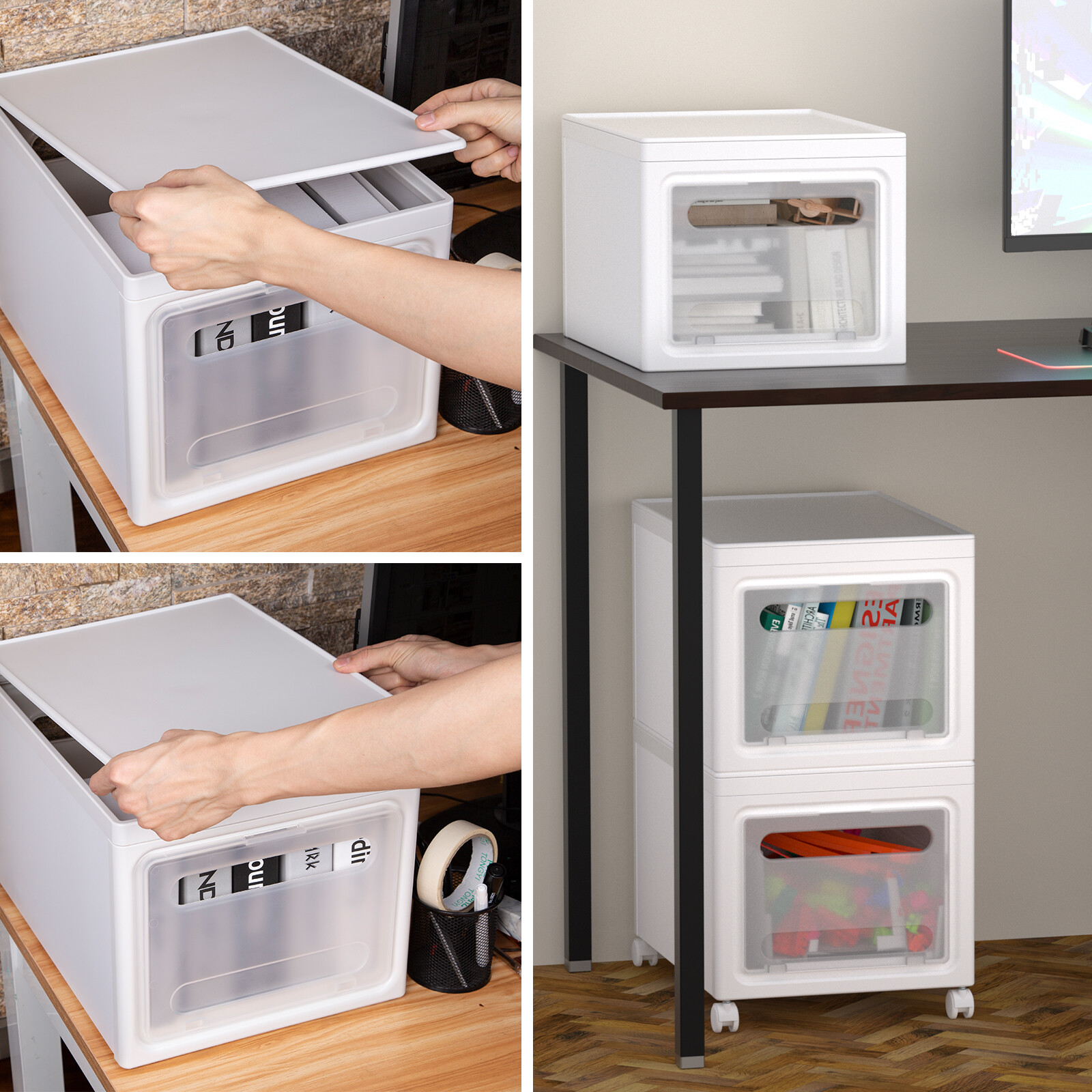3 Tier Folding Storage Containers Bins with Lid & Wheels Stackable Organizer Box