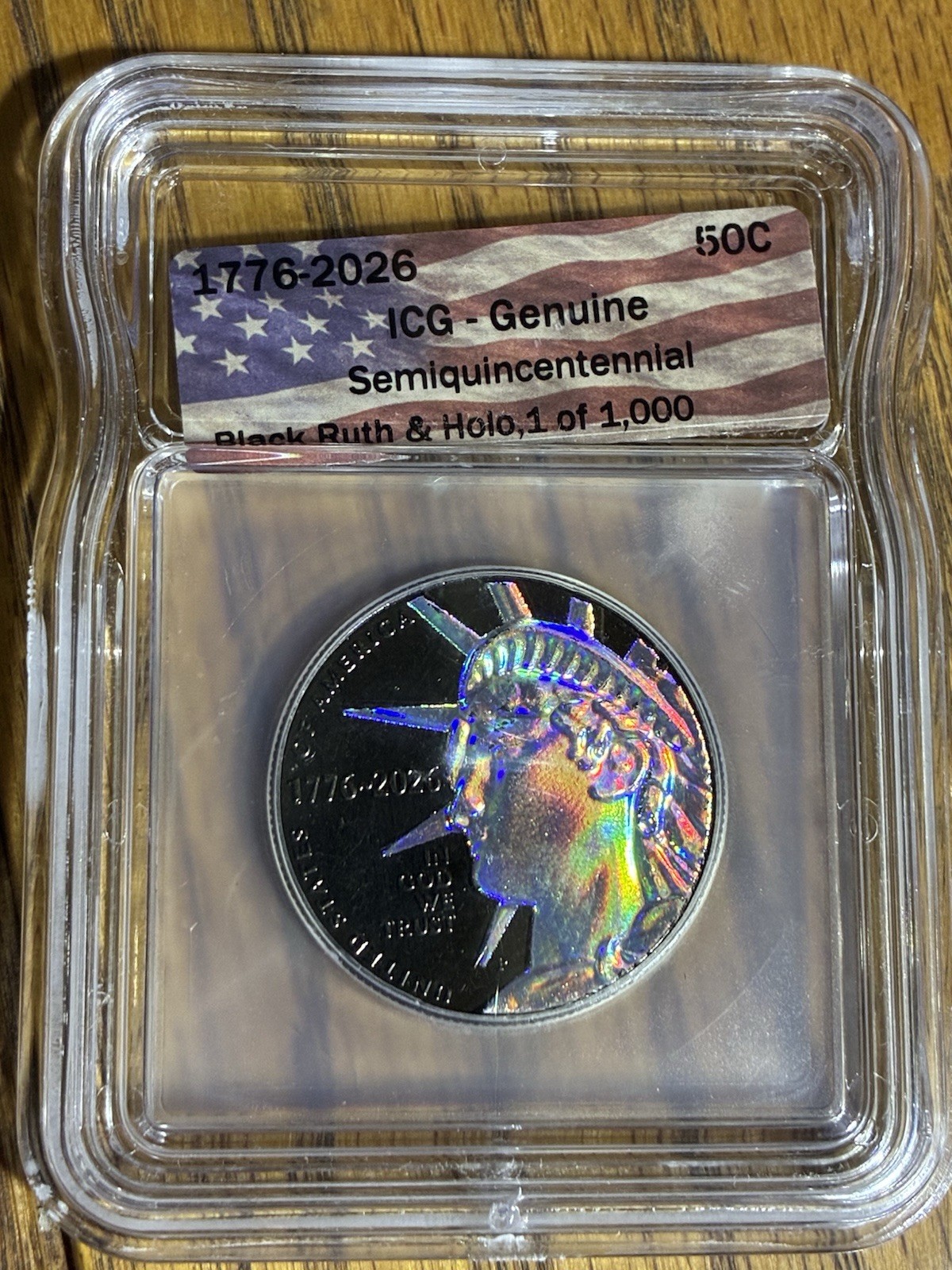 1776-2026 Semiquincentennial Half Dollar Black Ruth+ Holo. 1 of 1000 250th Label