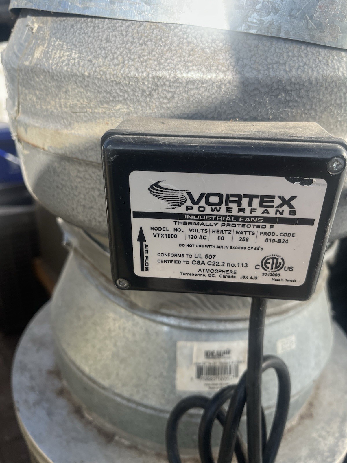 Vortex Powerfans VTX1000 Vortex 790 CFM Powerfan 10" Steel, 60hz, 120V