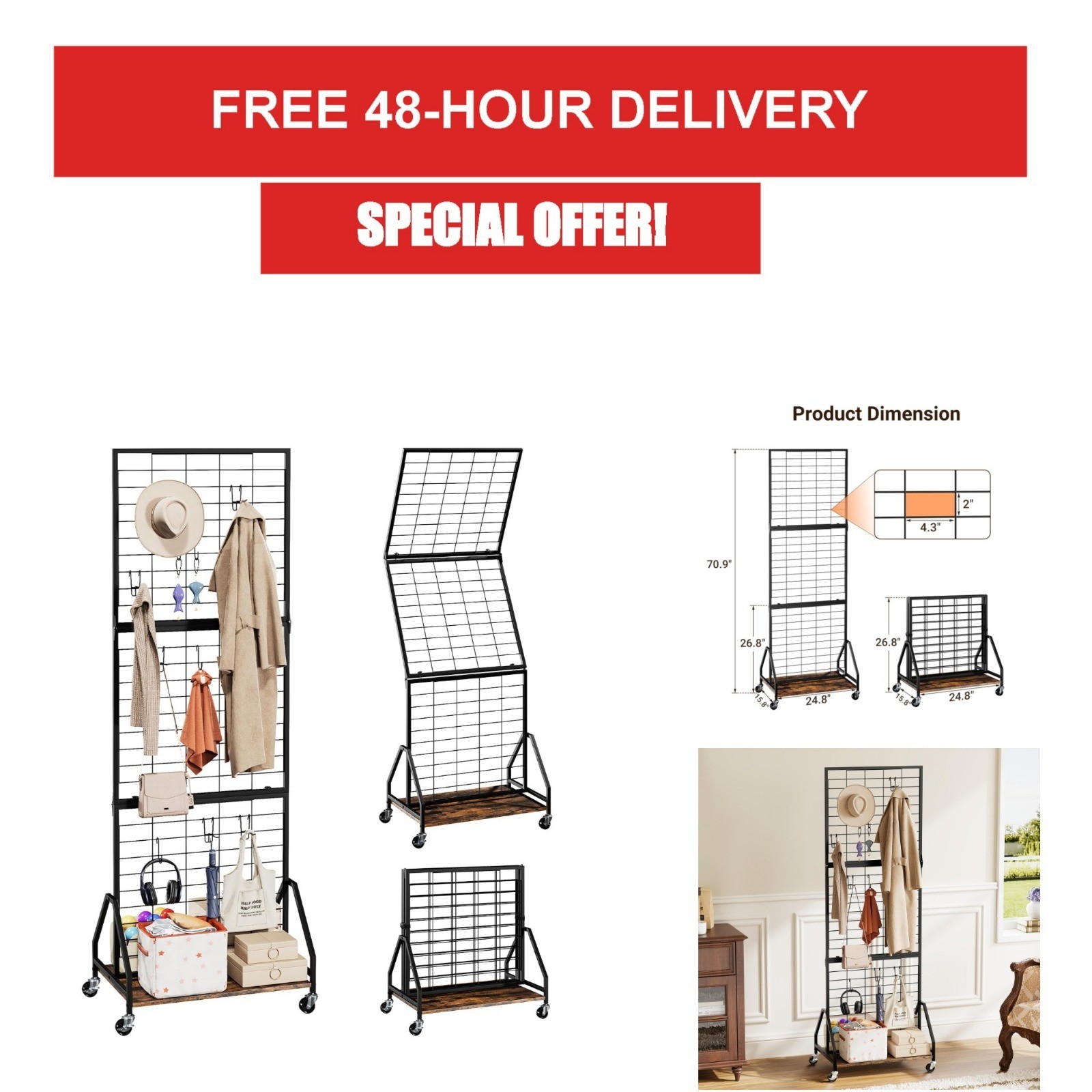 ELYKEN Foldable Grid Wall Panels Display Rack with Wheels & Storage Shelf