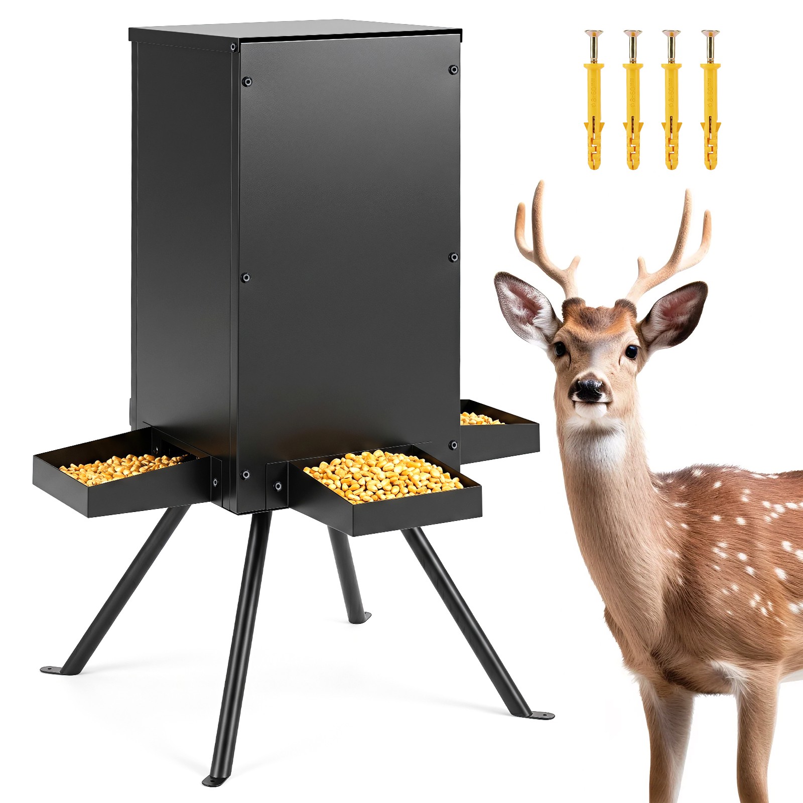 90LB Gravity Deer Feeder with 4 Feeding Trays and 4-Leg Stand for Hunting, Farm
