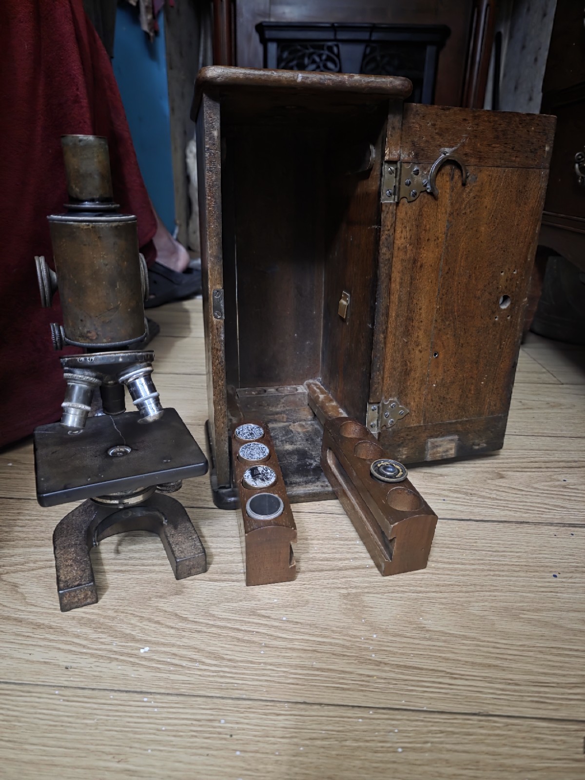 1900s Bausch & Lomb Brass Monocular Scientific Microscope & Wood Case