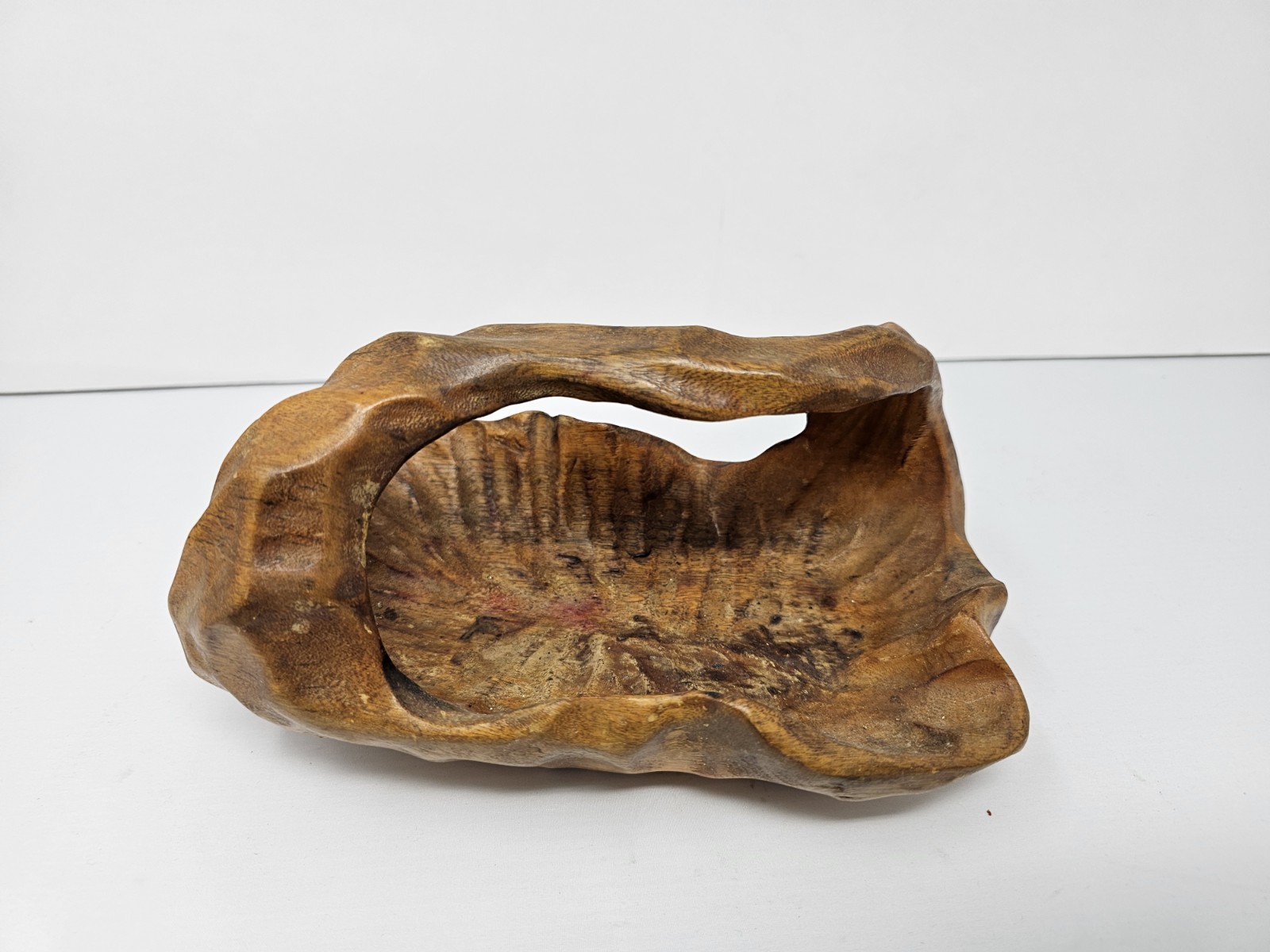 Vintage Midcentury Brutalist Hand carved Burl Wood Bowl with Handle Folk Art