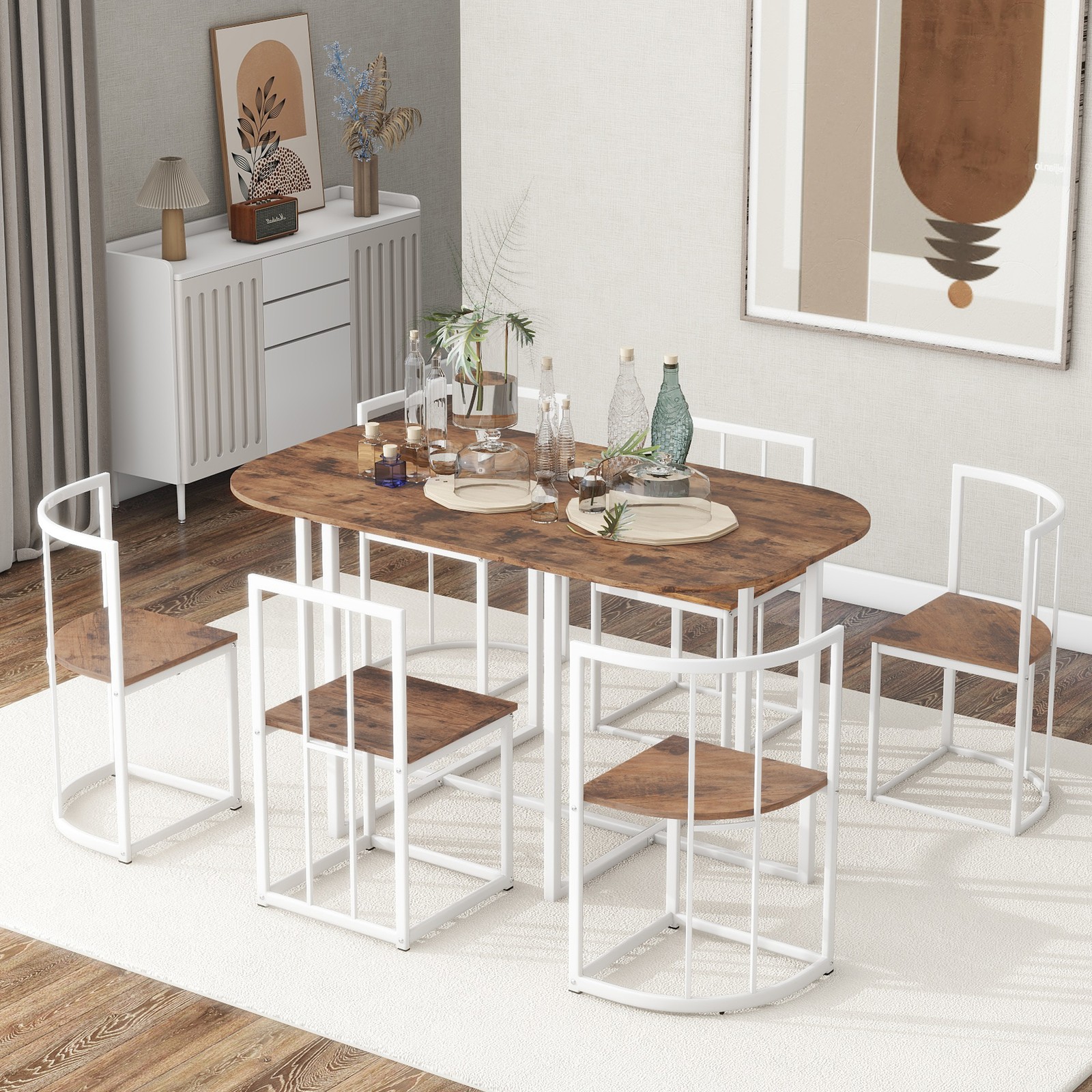 Modern 7-Piece Dining Table Set, Kitchen Faux Marble Table with Chairs for 6