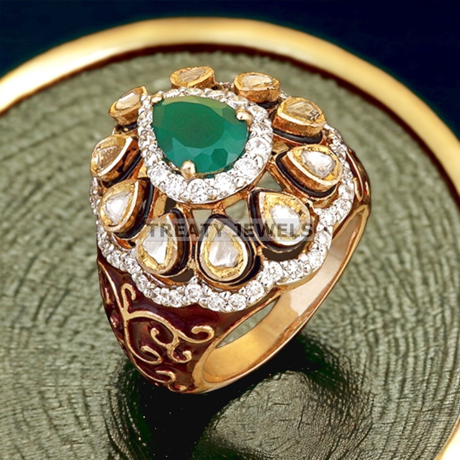Emerald Pear Cut With 14K Solid Gold Ring For Men's #628