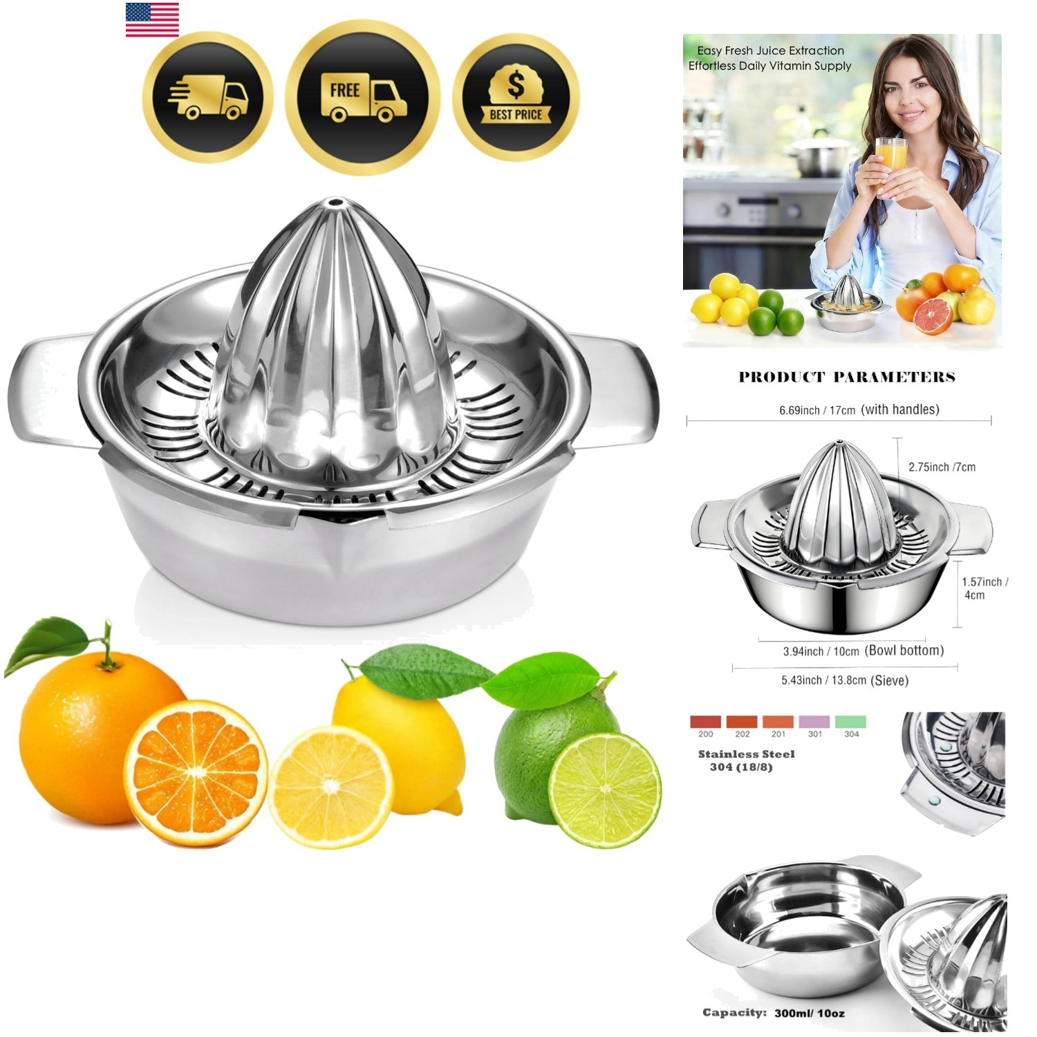 Citrus Lemon Orange Grapefruit Juicer Manual Squeezer 304 Stainless Steel Rob...