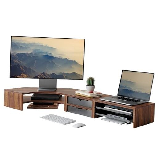 Dual Monitor Stand, Corner Monitor shelf with Drawer and Slide-Out Tray, Brown