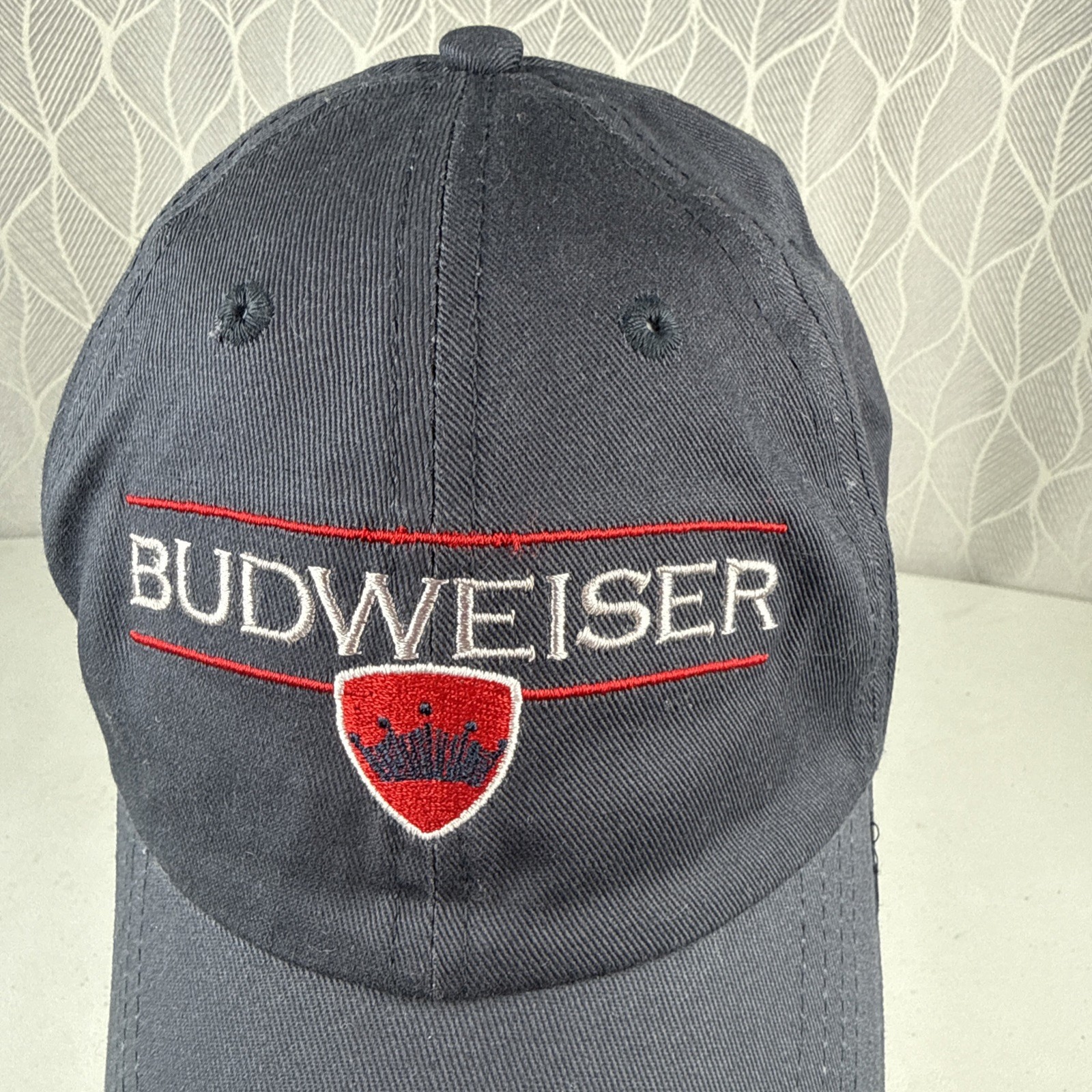 BUDWEISER White Red Shield Logo on Navy Hat Cap Cotton Hook Loop White Bill Edge
