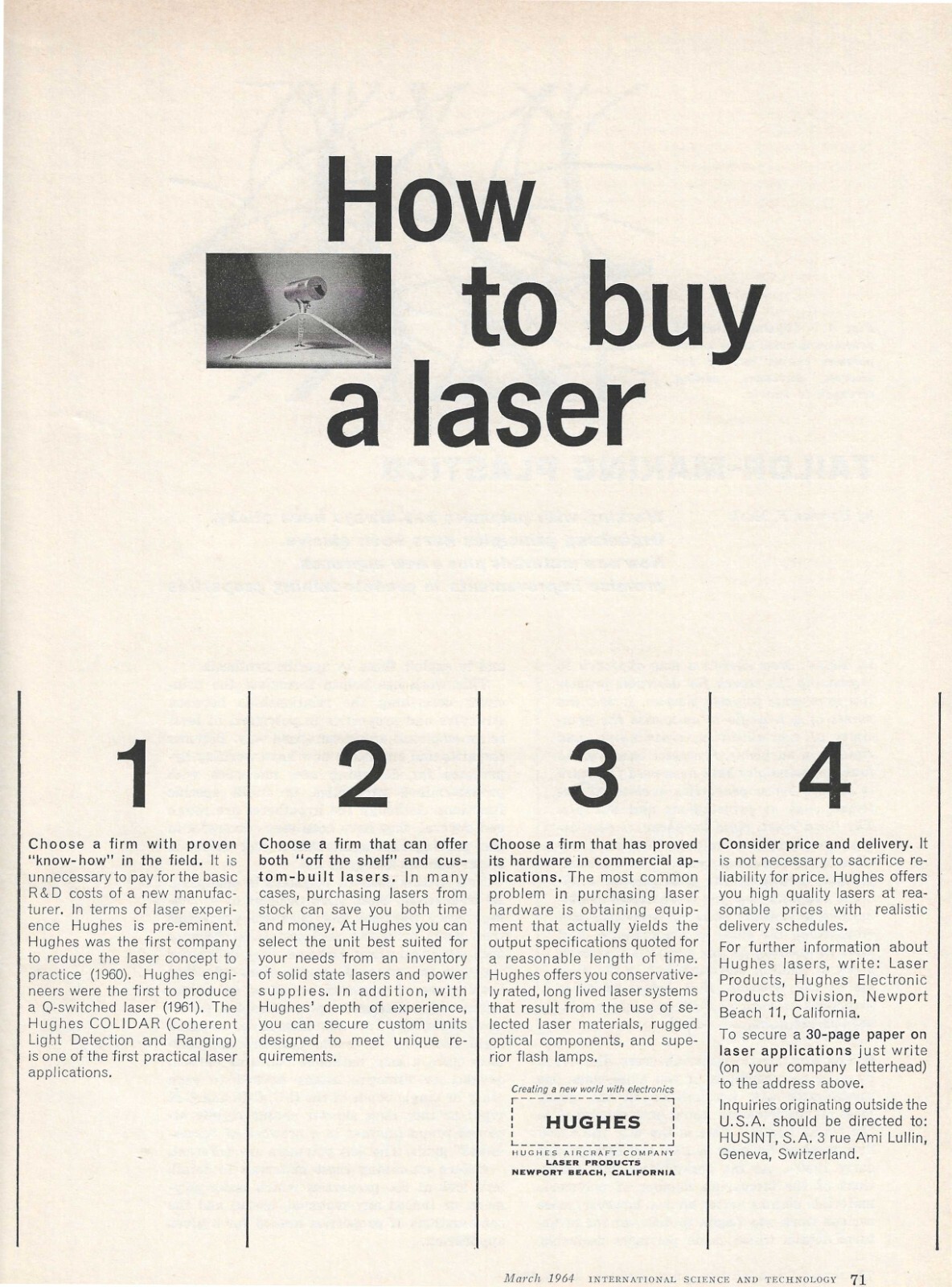 1964 Hughes Aircraft Co. Laser Products Print Ad ~ Newport Beach ~ Vintage Tech