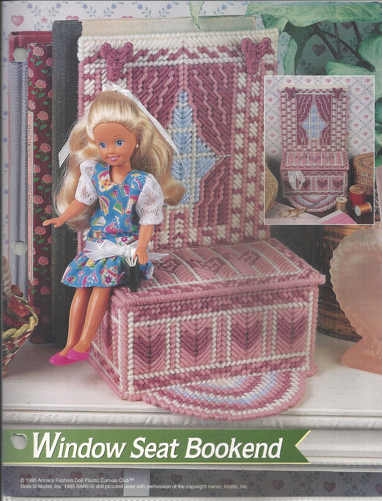 ANNIE'S FASHION DOLL PLASTIC CANVAS CLUB™ WINDOW SEAT BOOKEND LEAFLET ©1995