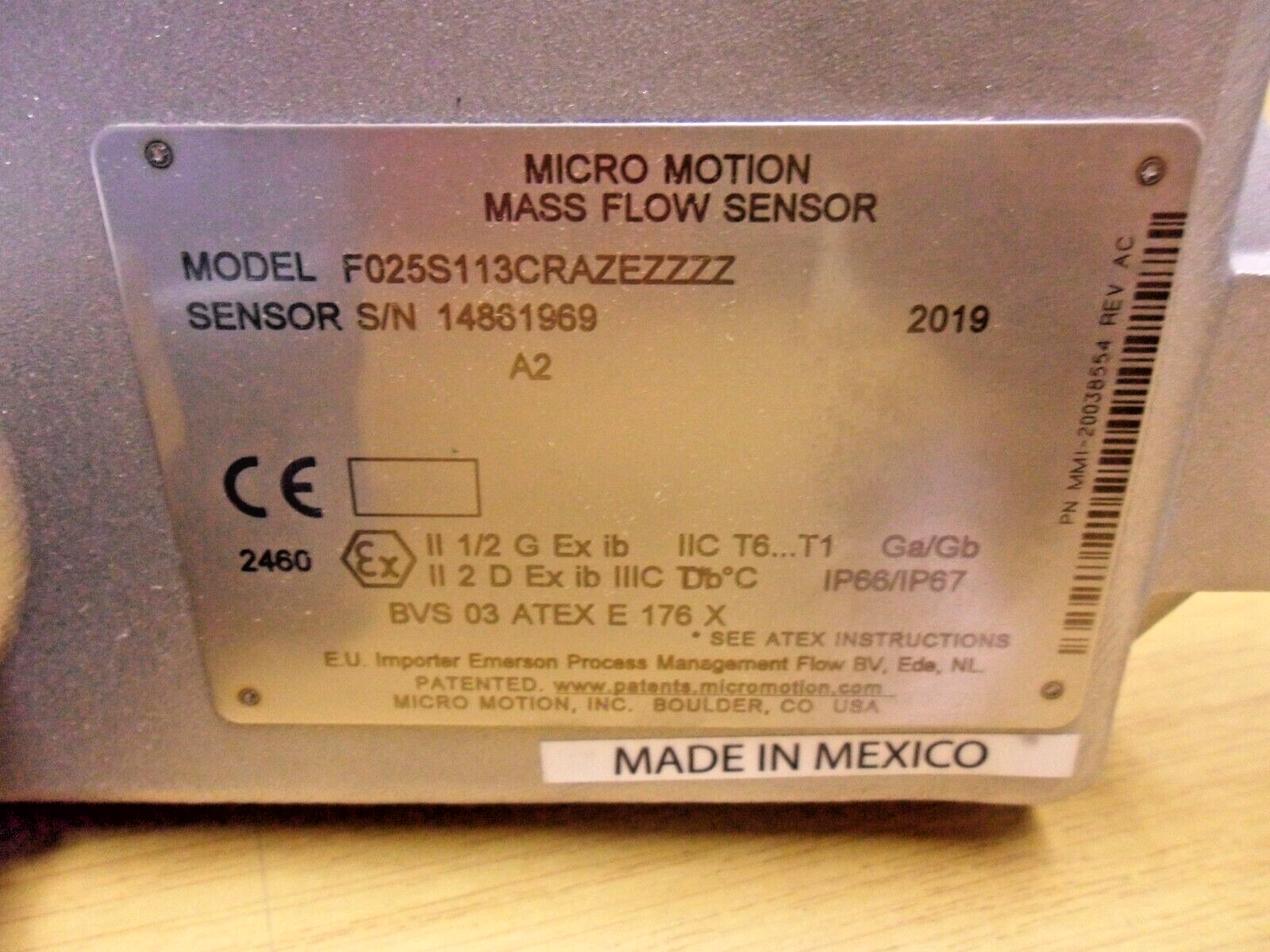 MICRO MOTION Mass Flow Sensor F025S (Transmitter face not included)