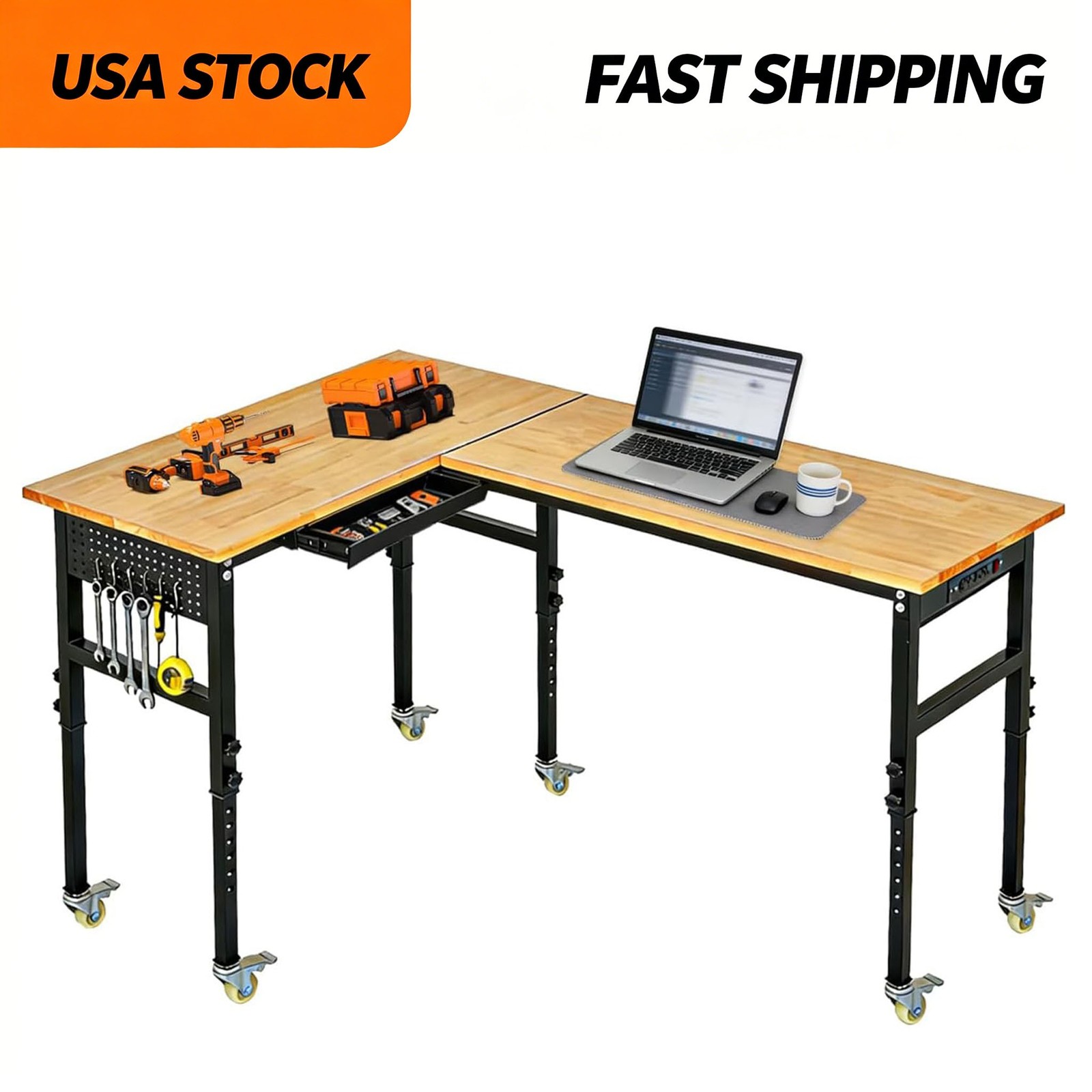Heavy Duty 130" l-Shaped Adjustable Workbench w/ Wheels 2000 Lbs Capacity Drawer