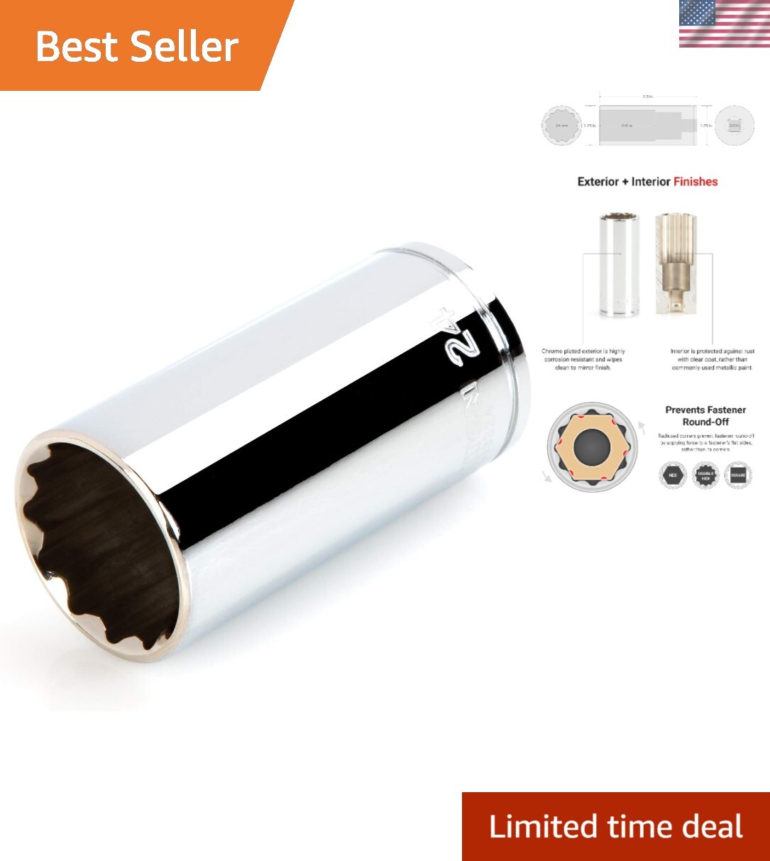 Professional-Grade 3/8 Inch Drive Deep Socket - 24 mm Size with Secure Fit
