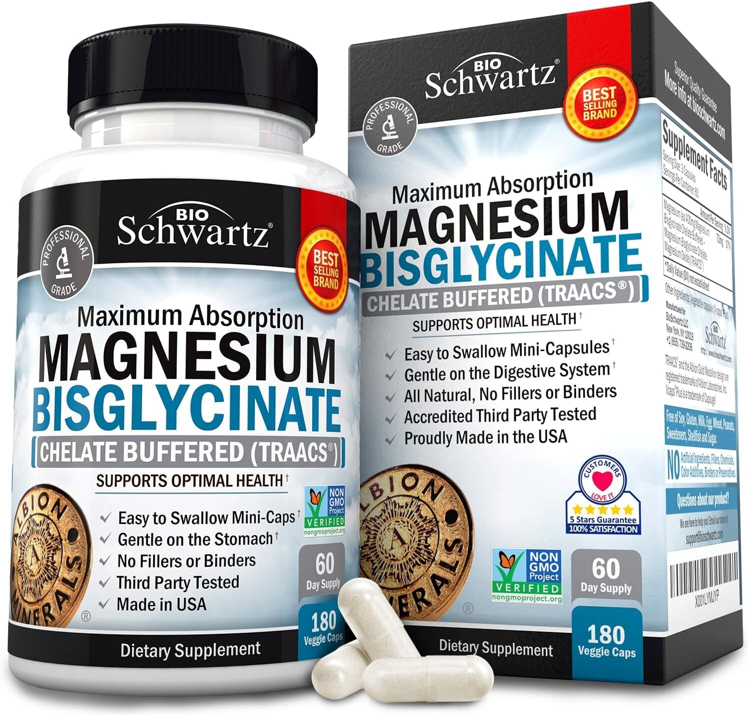 Magnesium Bisglycinate 100% Chelate No-Laxative Effect Maximum Absorption, 180ct