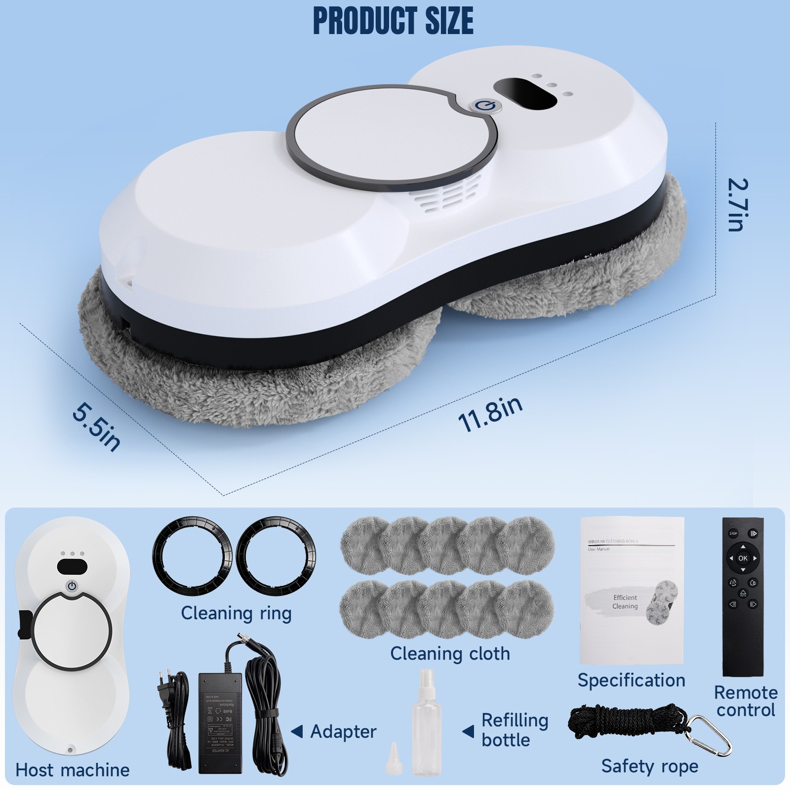 Auto Window Cleaner Robot, AI Path, 5600PA Suction, Single-sided Spray