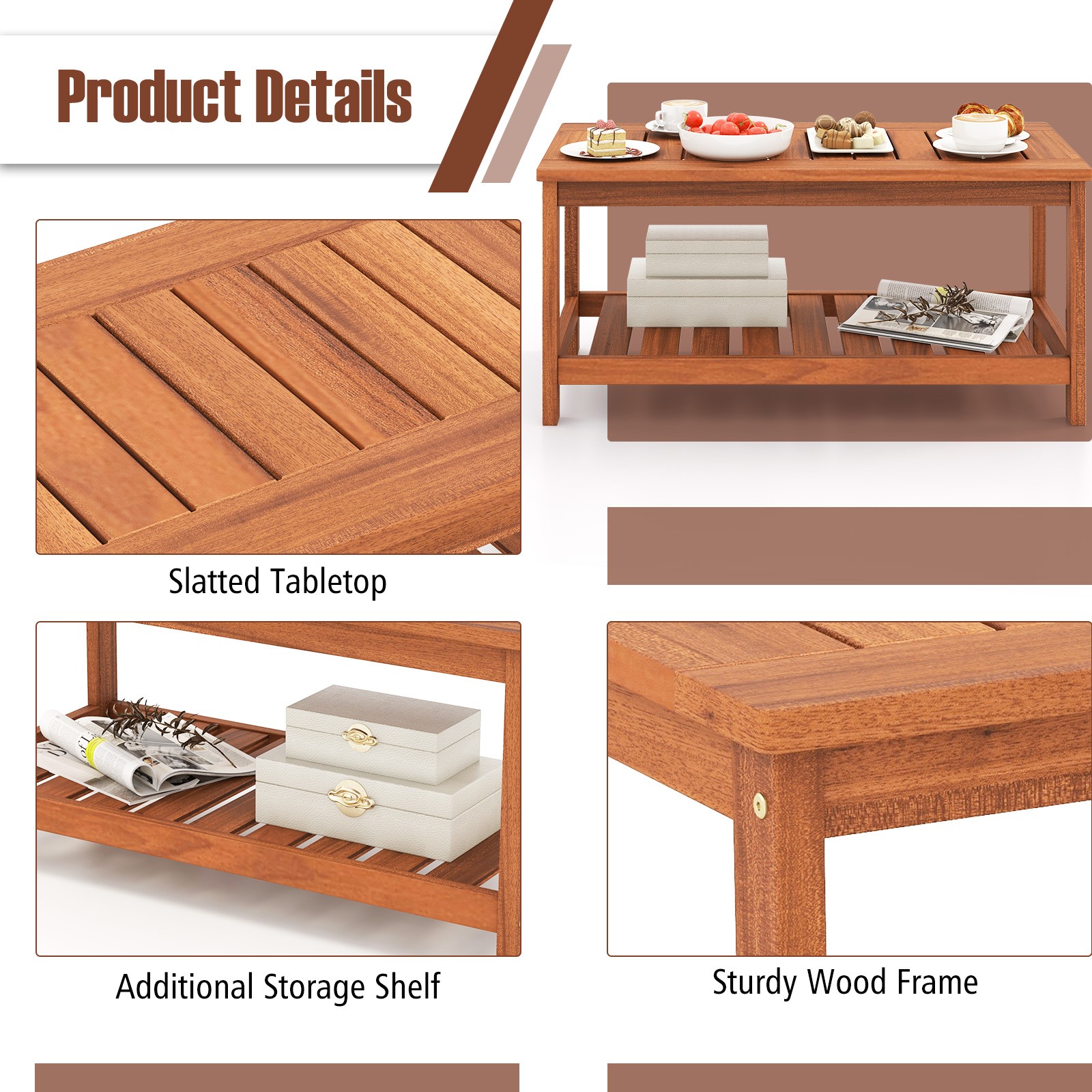 2-Tier Outdoor Side Rectangle Side Table Patio Coffee Table Solid Wood Porch