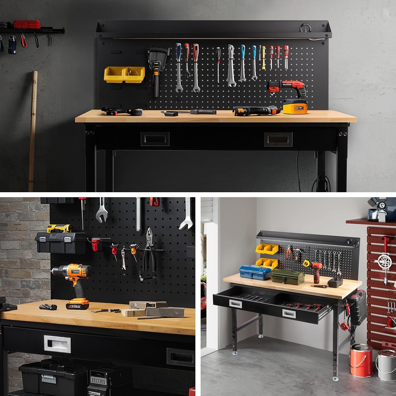 60" Workbench with Drawers Work Benches for Garage with Strip Light Adjustable