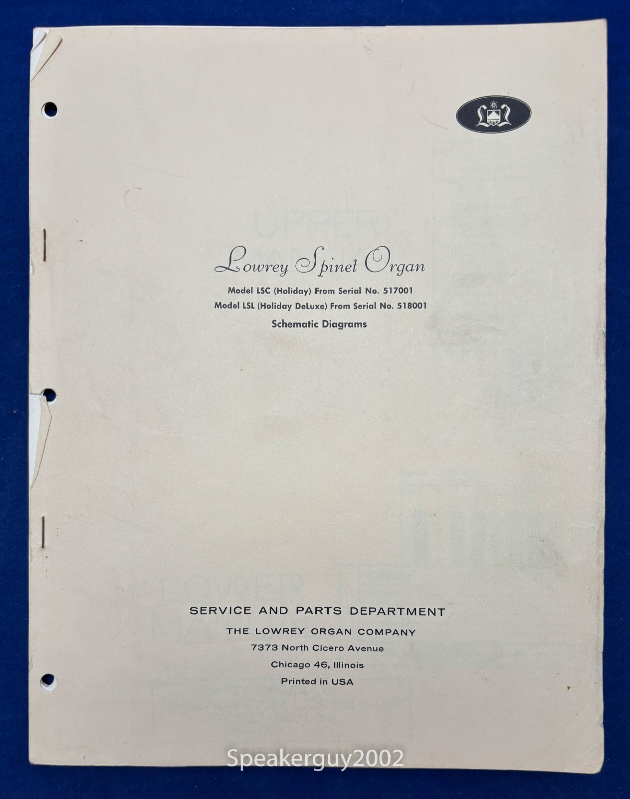 Original Lowrey Organs Schematic Manual / LSC - Holiday LSL Holiday Deluxe