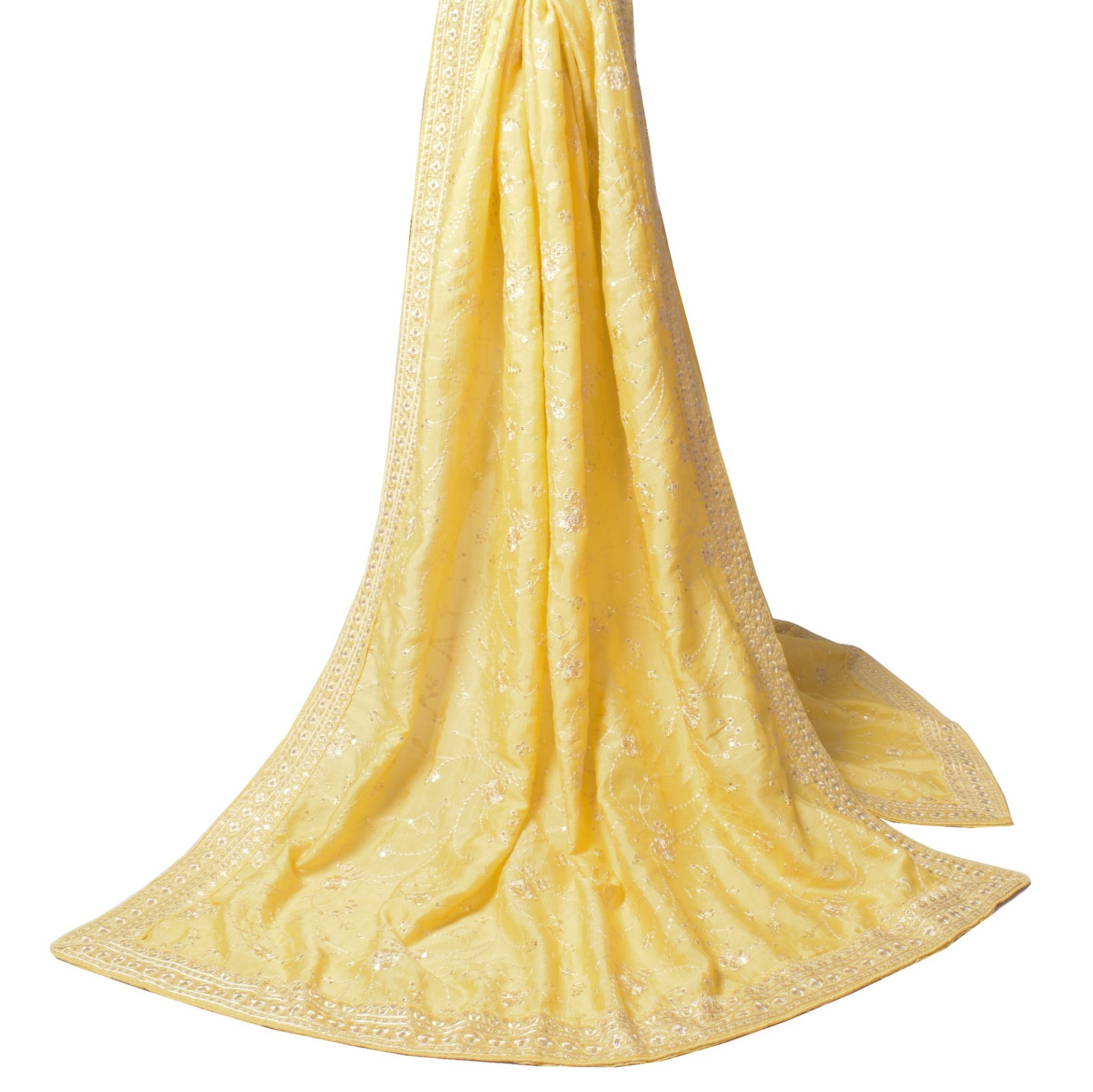 Sushila Vintage Floral Yellow Dupatta Art Silk Sequins Embroidered Long Stole