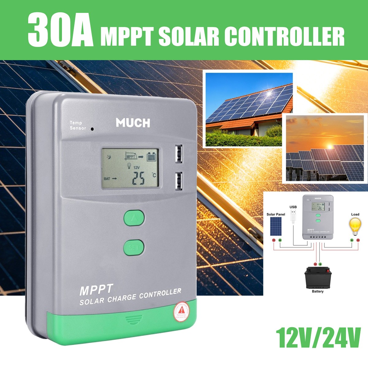 30A Solar Charge Controller MPPT 12V 24V Auto LCD Battery Regulator with Dual US