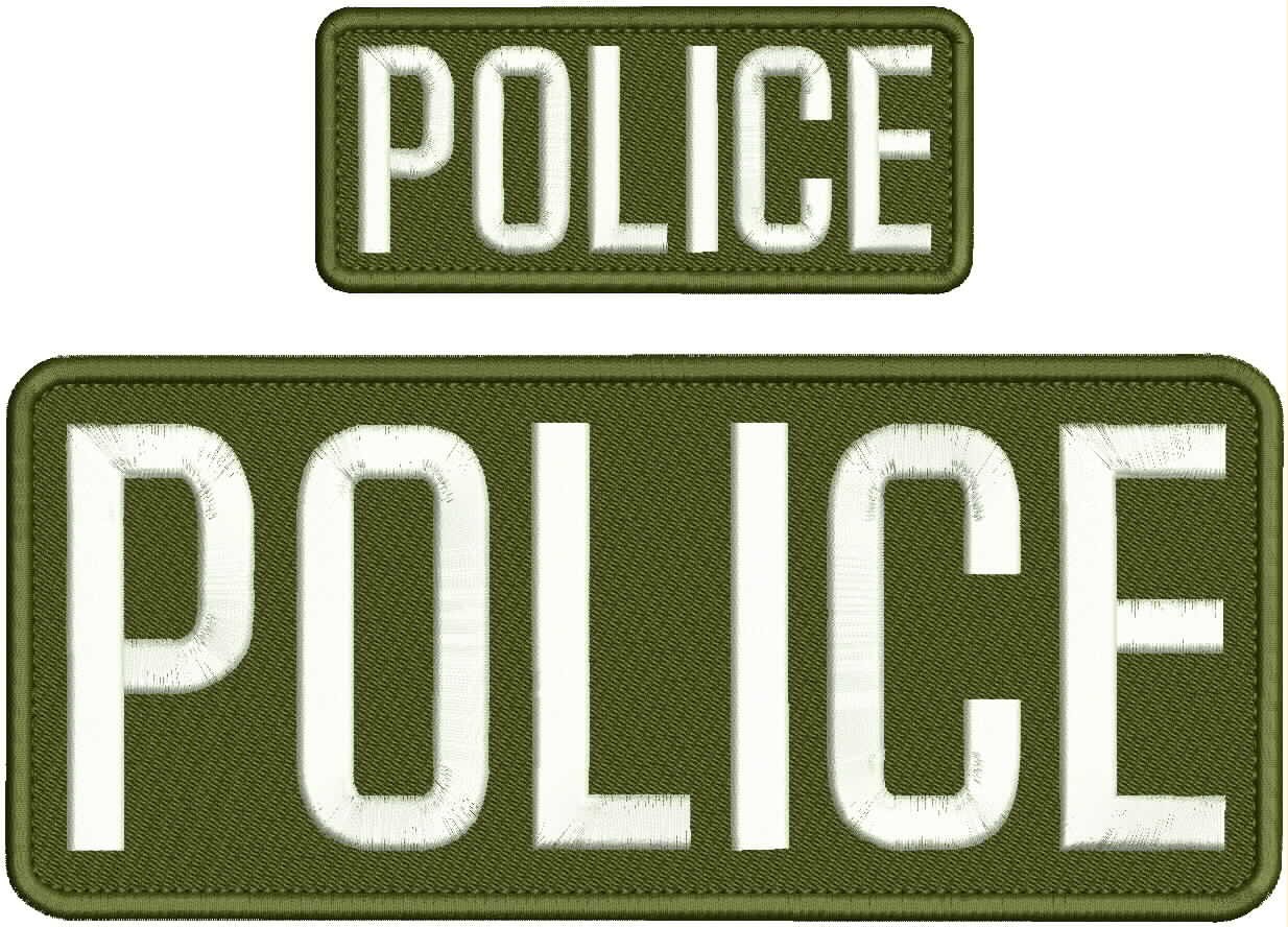 Police 2 Embroidery Patches 10x4''And 5x2'' Velcr0 On Back White on Od Green