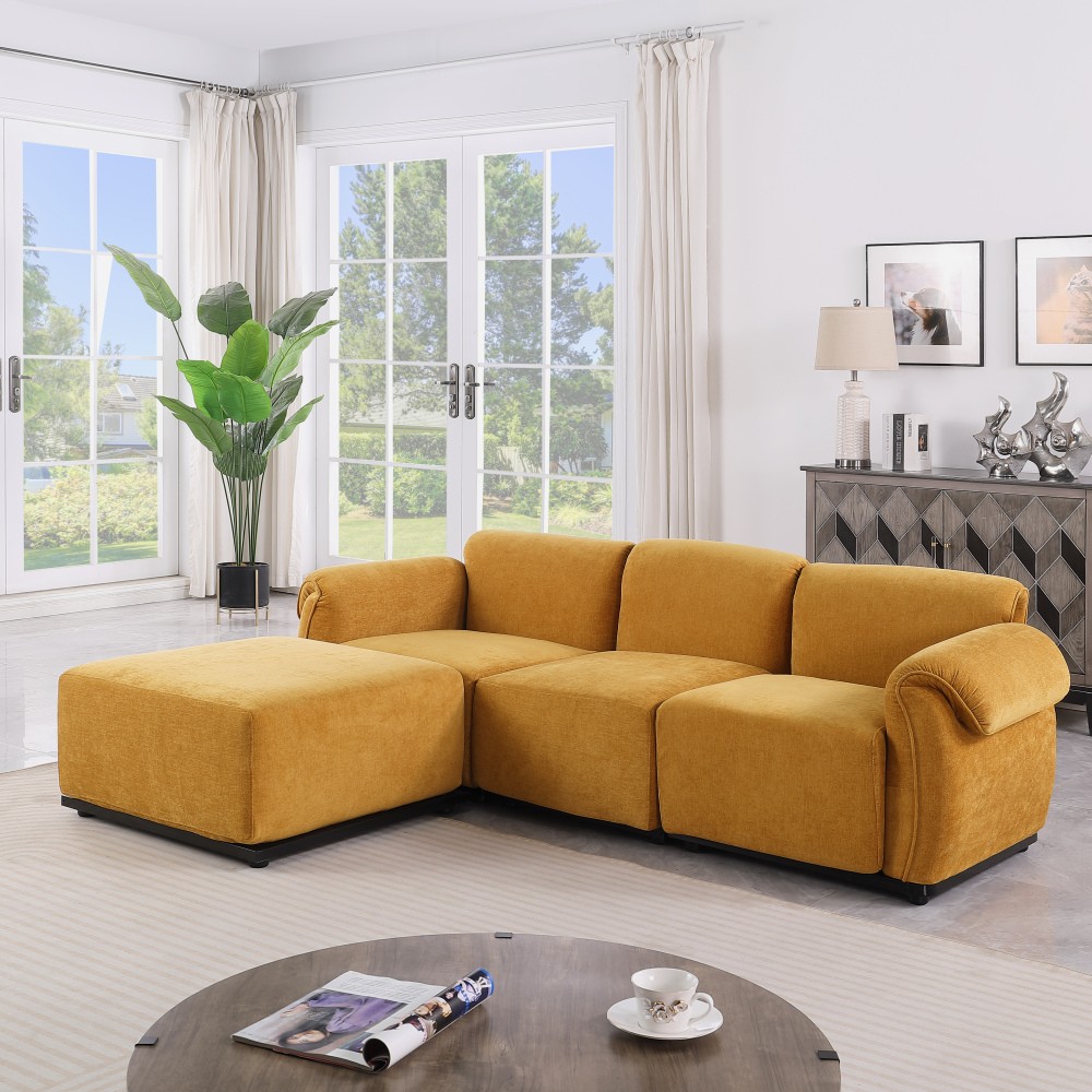 Modern Yellow Chenille 3 Seater Sofa w/ Square Arms - Free Shipping