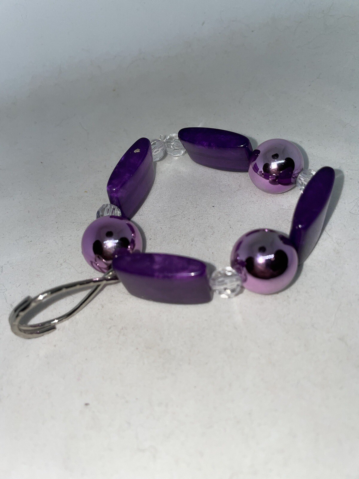 Beaded Handmade Stretchy Key Chain Bracelet  Ring New NWOT Purple Chunky 7 Inch