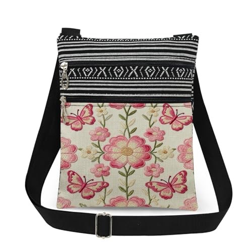 Pink Floral and Butterfly Embroidery Style Print Small Crossbody Bag