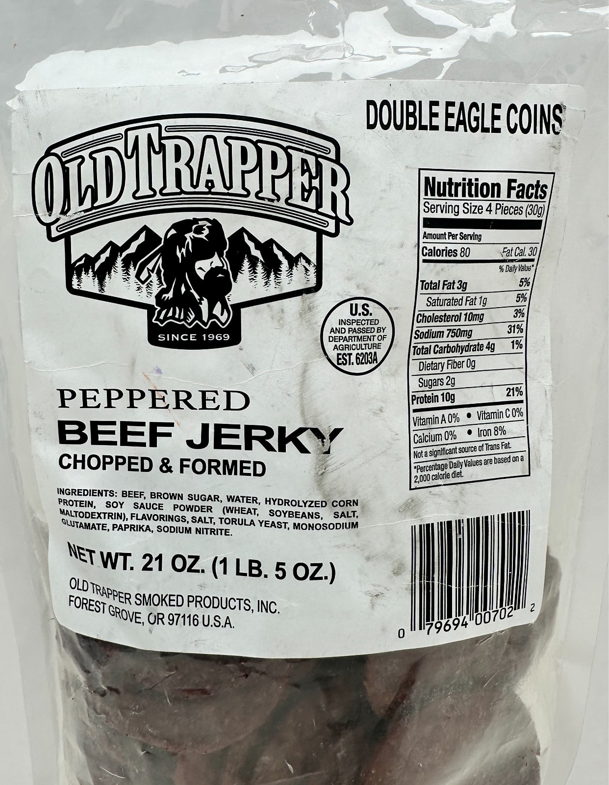 Old Trapper Peppered Double Eagle Coins Beef Jerky Chopped & Formed BB: 8/2026