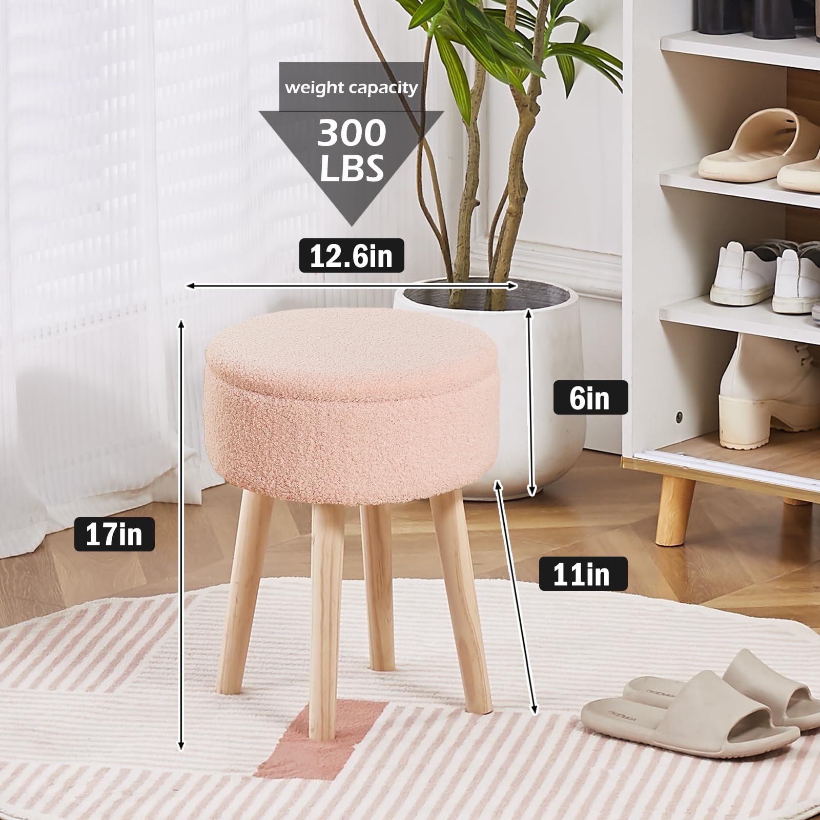Storage Ottoman Foot Stool Teddy Velvet Round Vanity Stool Tray Top Footstool...