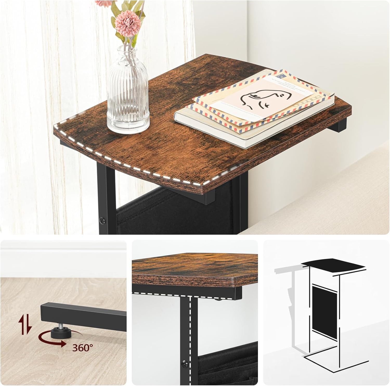 HOOBRO C Shaped End Table Set of 2, Small Side for Rustic Brown + Black