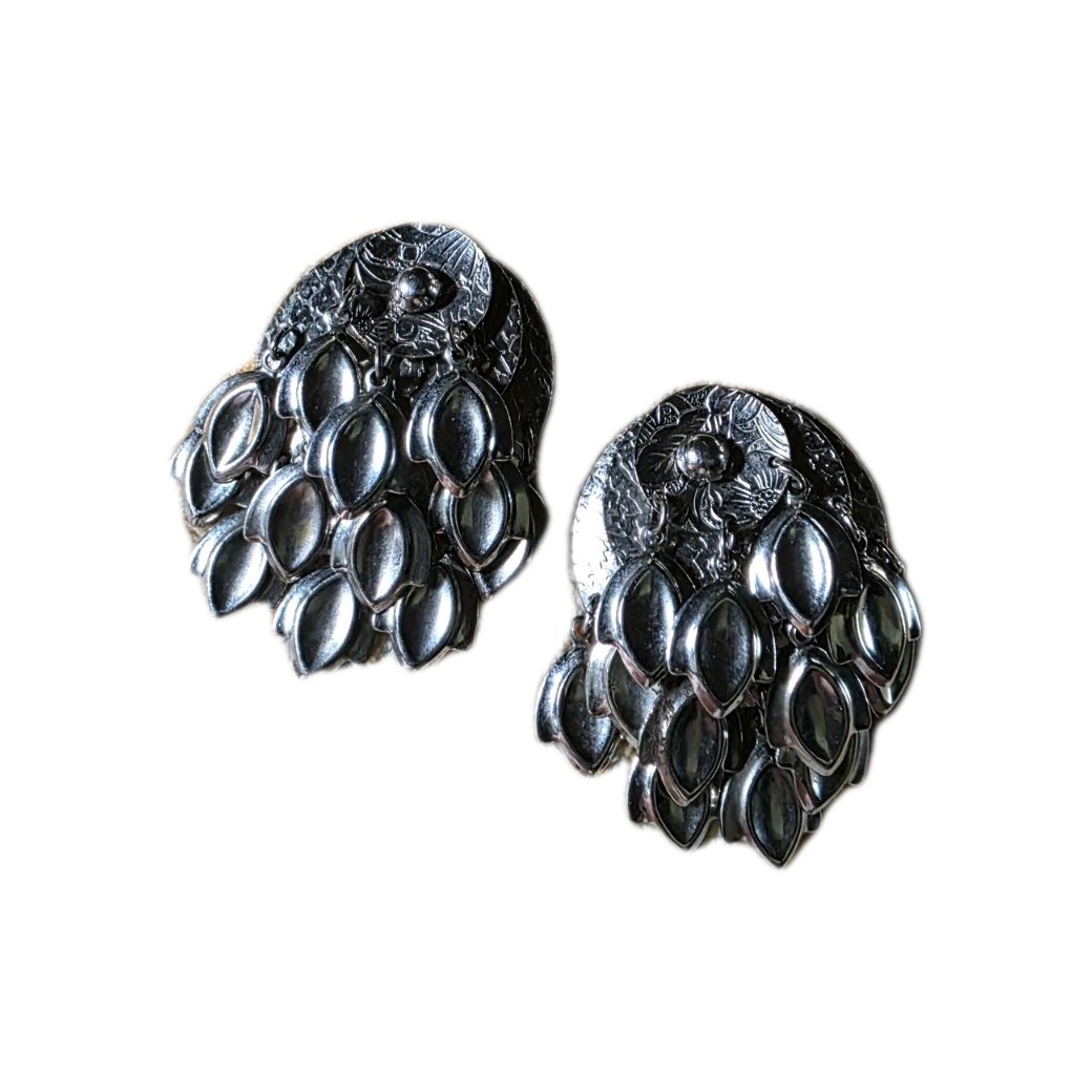 Clip On Earrings Silver Tone Art Deco