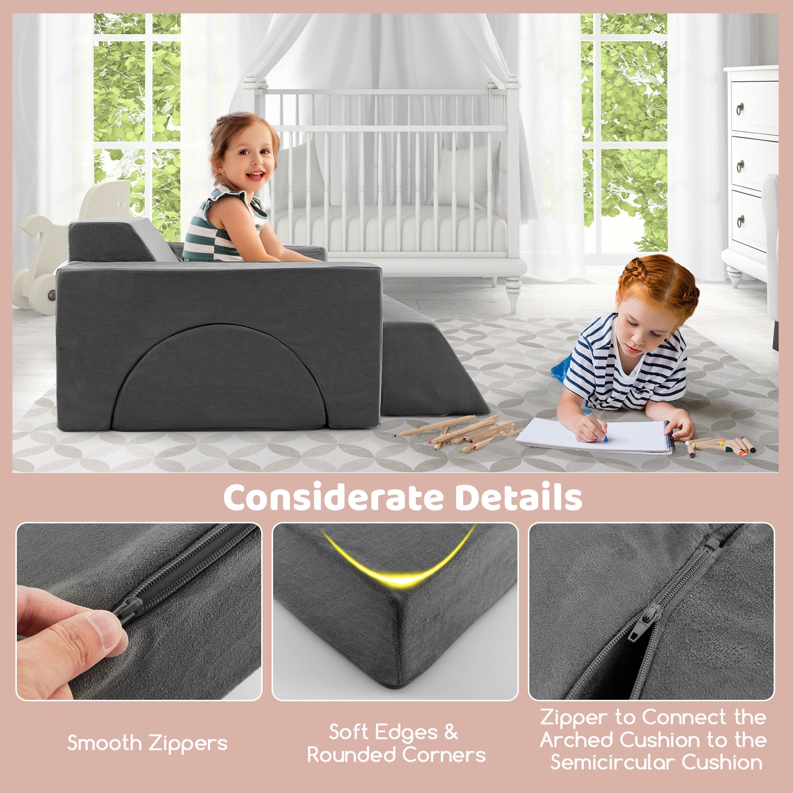 Indoor Kids Modular Play Sofa 8 PCS w/ Detachable Cover for Playroom & Bedroom