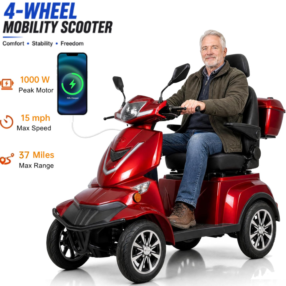 1000W Heavy Duty 4-Wheel Mobility Scooter for Seniors 500 LBS 60V 20Ah Battery