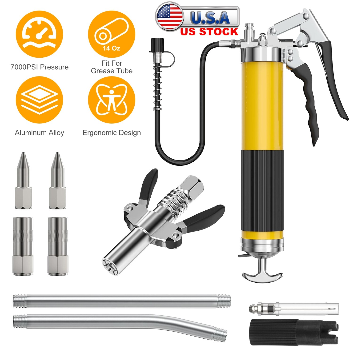 7000PSI Heavy Duty Pistol Grip Grease Gun Kit 14oz Hose Couplers Nozzles