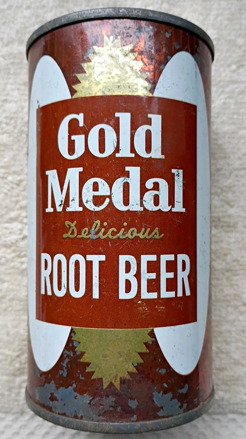 VINTAGE RARE GOLD MEDAL Root Beer Flat Top Soda Pop Can