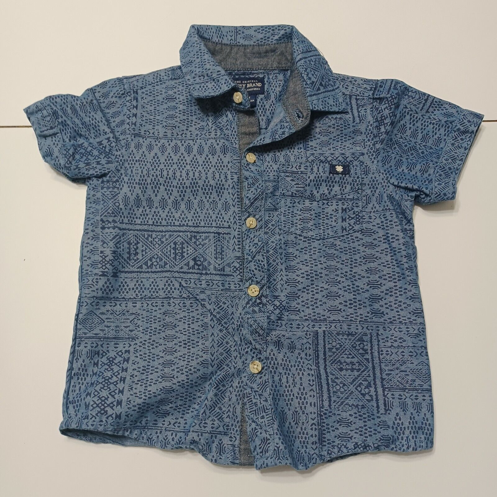 Lucky Brand Boys 24M Button Front Shirt Blue Pocket Short Sleeve Cotton Blend