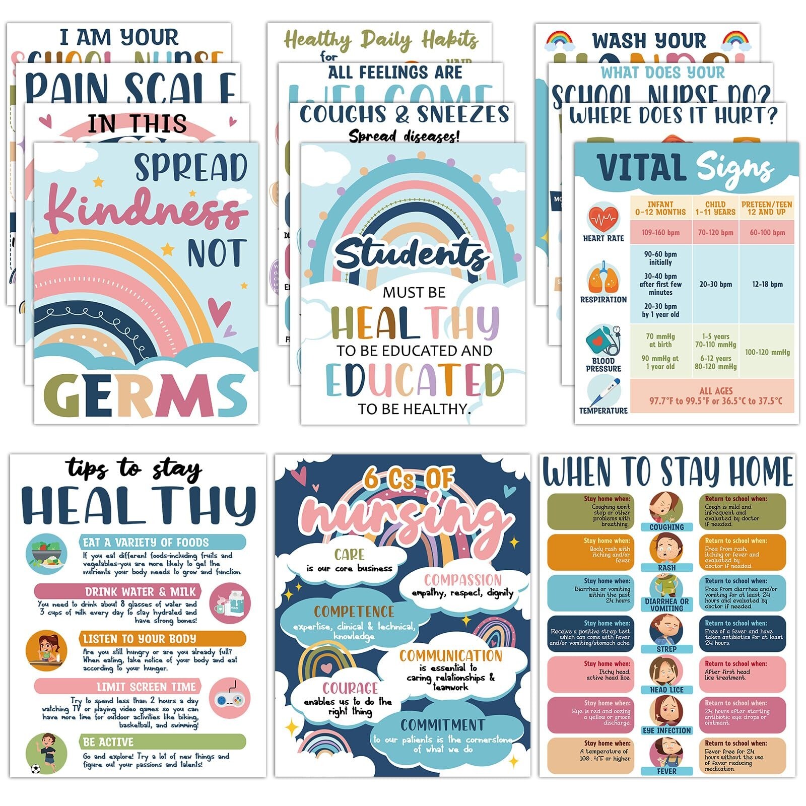 15Pcs School Nurse Bulletin Board Decorations Boho Health Posters for School ...