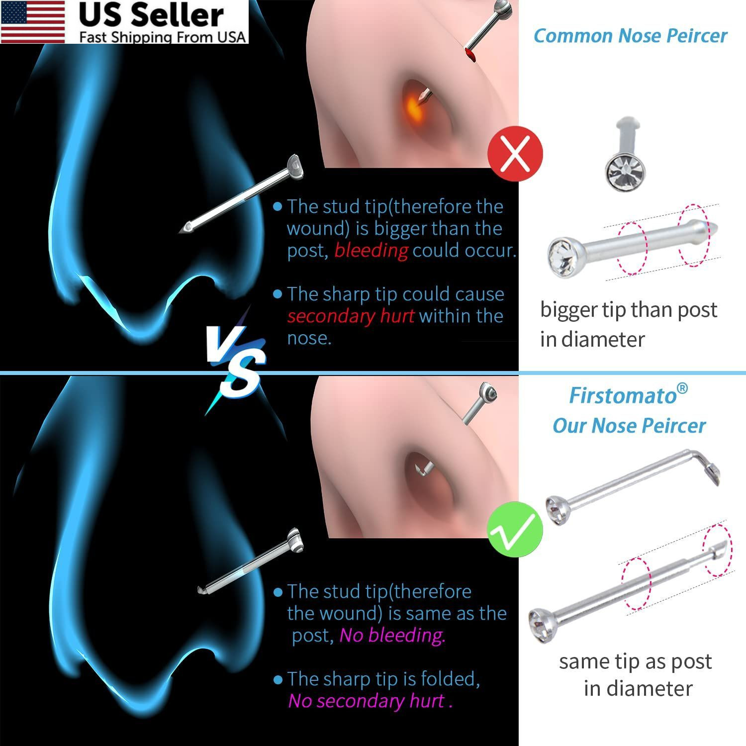 Firstomato 2 PCS Disposable Nose Piercing Gun Self Kit Silver