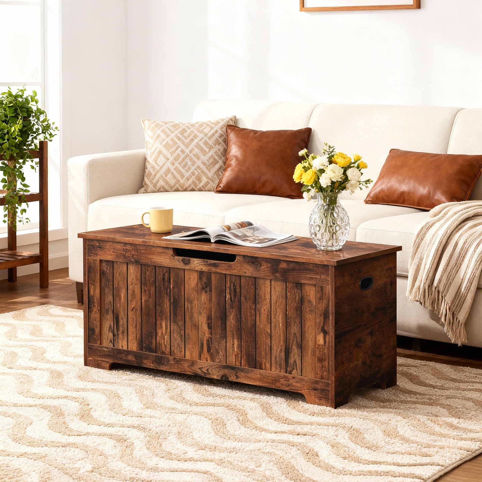 Storage Chest Storage Bench with Safety Hinge White for Playroom Rustic Brown
