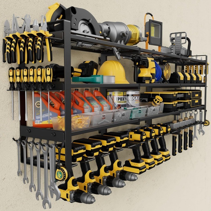 Power Tool Organizer Wall Mount, 4-Tier Tool Storage Rack with 12 Drill Holders