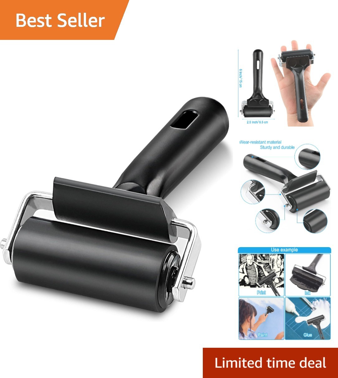 2.5-Inch Rubber Roller for Anti-Skid Tape and Stamping - Durable Black