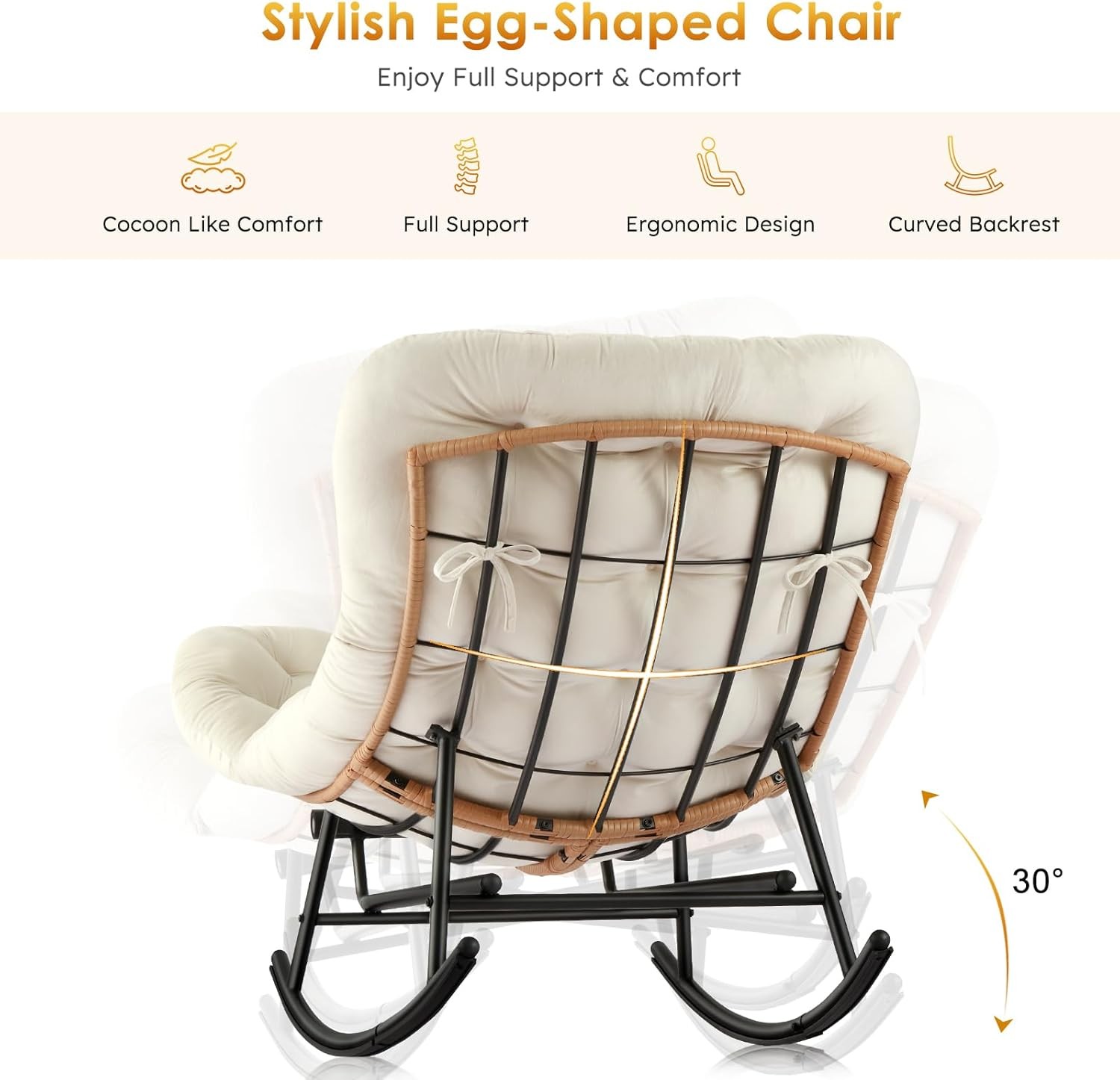Rattan Rocking Chair with Extendable Footrest & Flannel Cushion for Living Room