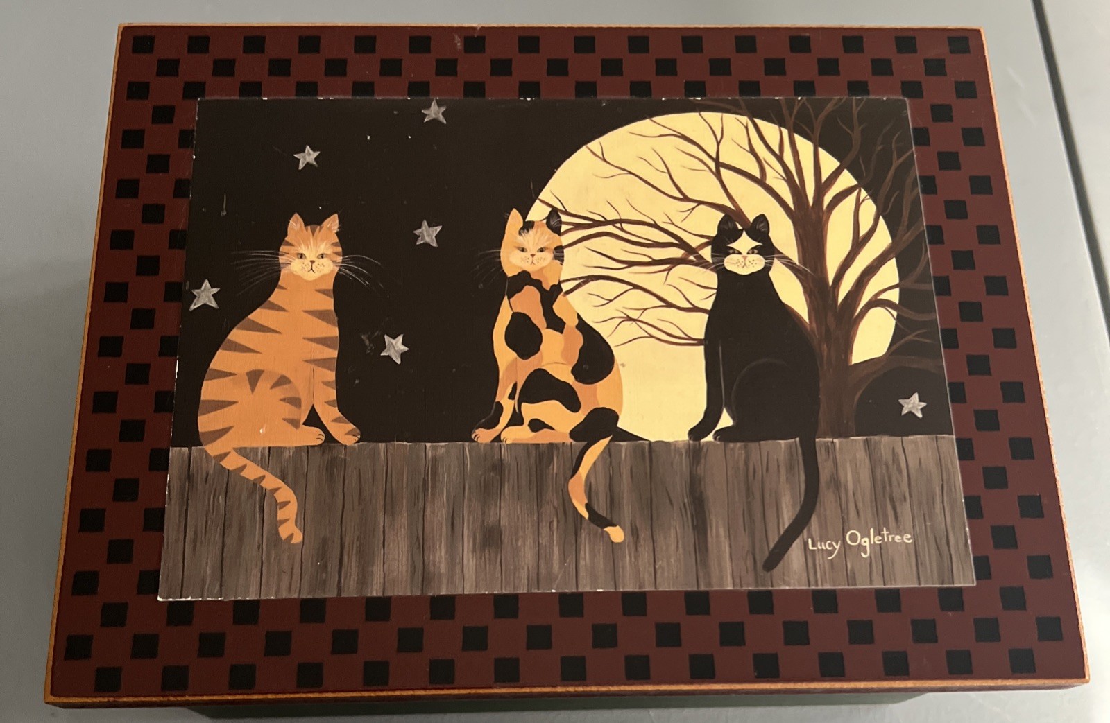 Lucy Ogletree Cat Storage Wood Box Jewelry Box 8.5”x6.6”x4.5” Hinged Top