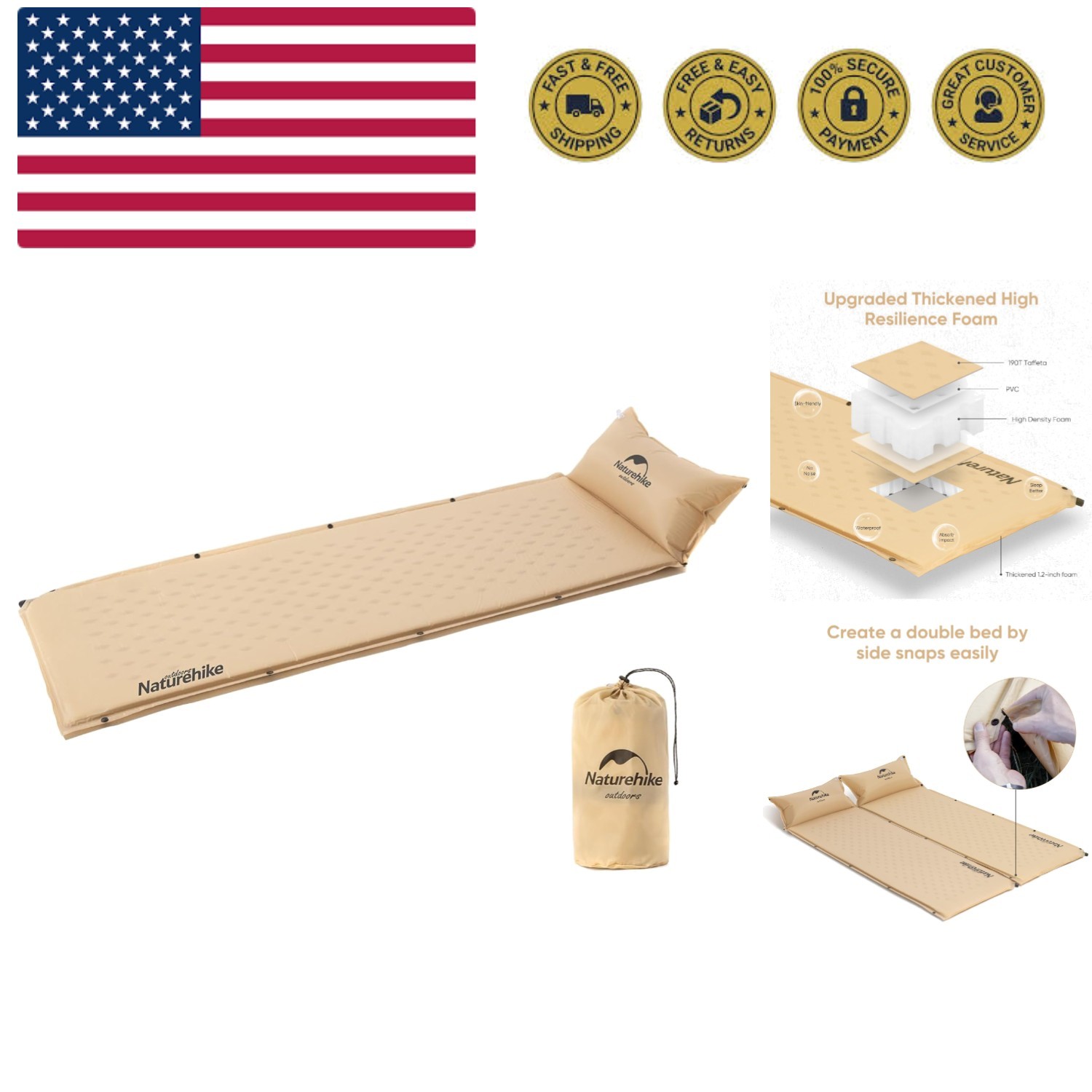 Self-Inflating Sleeping Pad, Ultralight Memory Foam Camping Pad with Pillow, ...